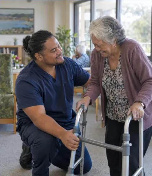 An aged care worker helping a resident with her walking frame