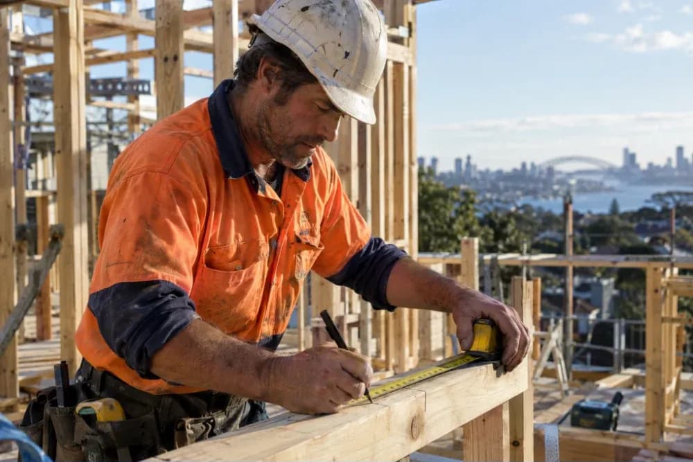A carpenter marking timber framing on a building site