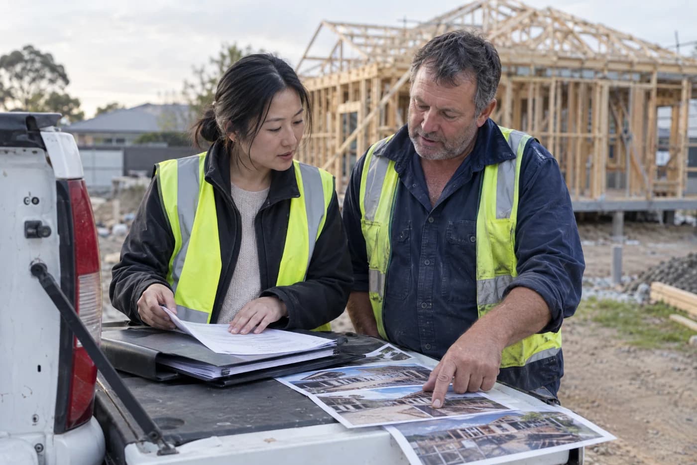 An RPL it team member sorting an electrician's job photos and reference letter into his evidence folder at a ute tailgate on a building site