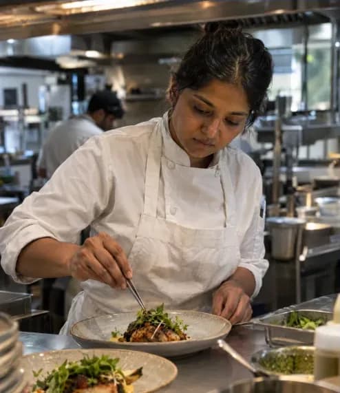 A chef plating a dish in a commercial kitchen
