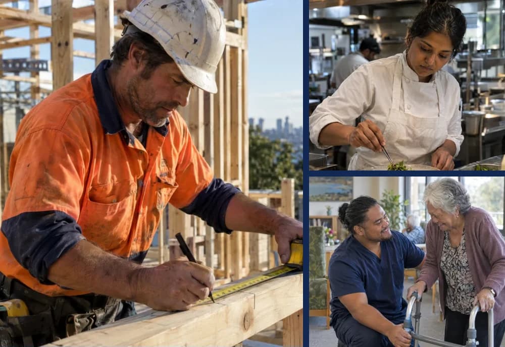 A carpenter marking timber framing on a building site, a chef plating a dish in a commercial kitchen, and an aged care worker helping a resident with her walking frame