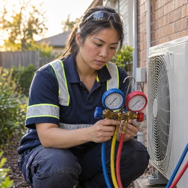 An air-conditioning technician checking refrigerant gauges beside an outdoor unit