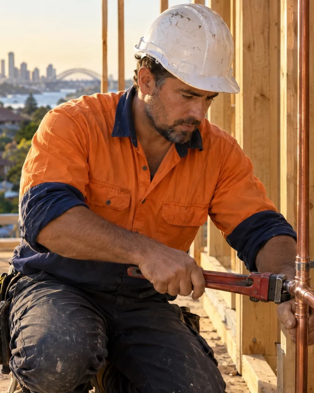 A plumber fitting copper pipes to the timber frame of a new house