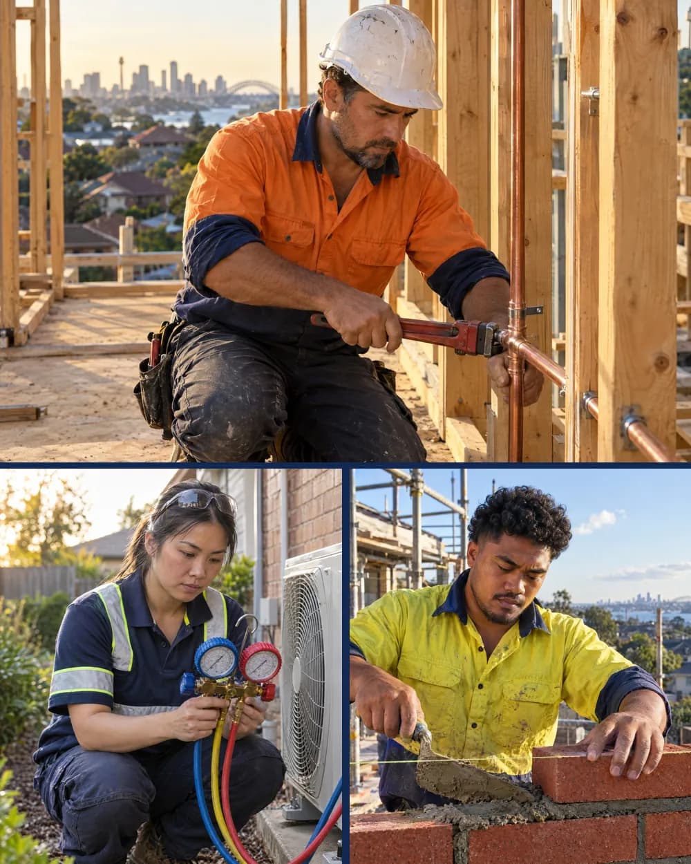 A plumber, an air-conditioning technician and a bricklayer at work